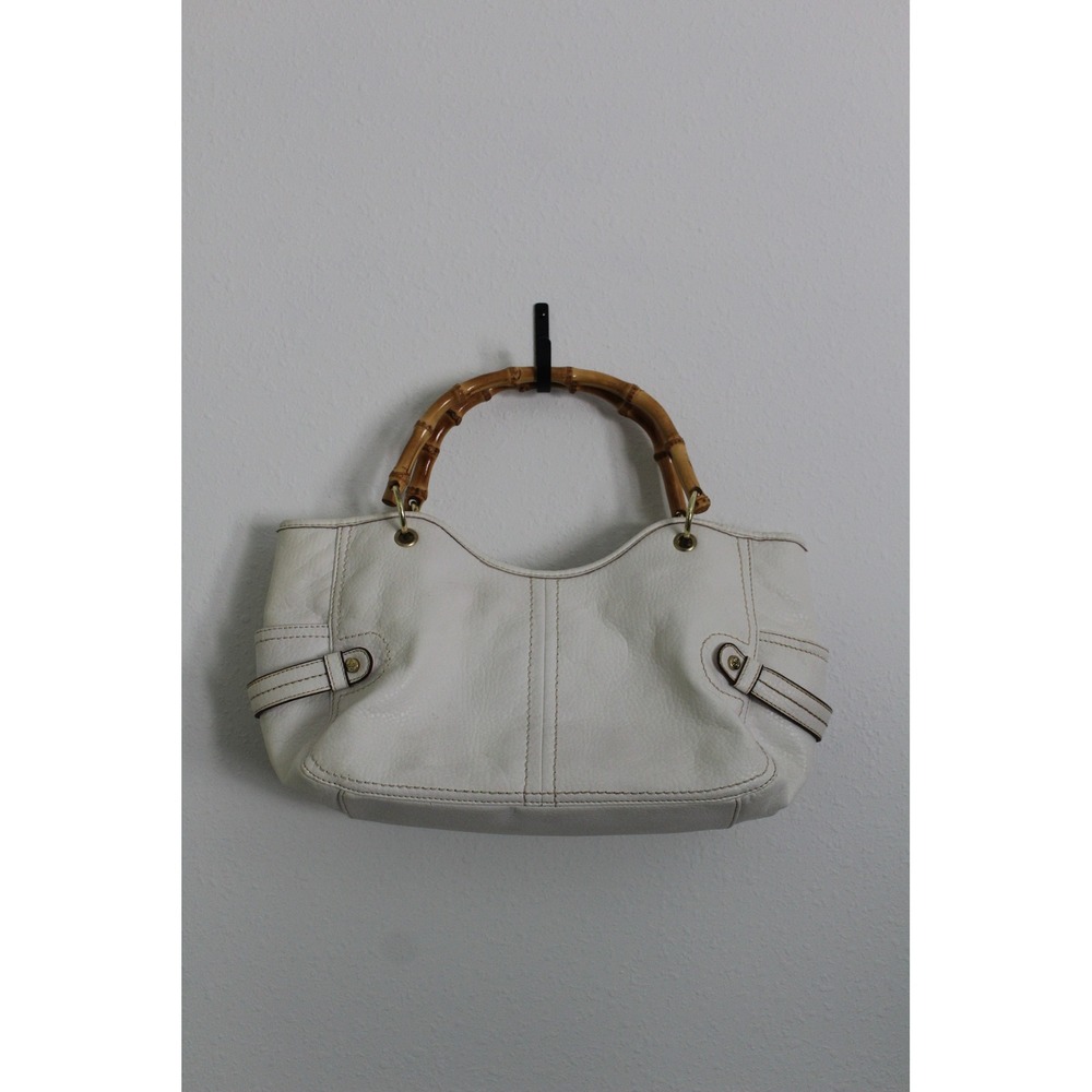 VTG Relic White Pebbled Faux Leather Bamboo Handle Shoulder Bag Tote Y2K Retro